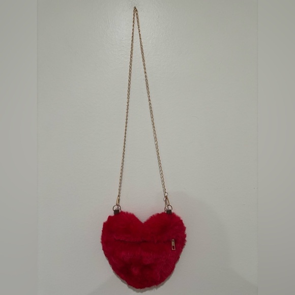 Handbags - Heart-Shaped Faux Fur Crossbody Bag - Red
